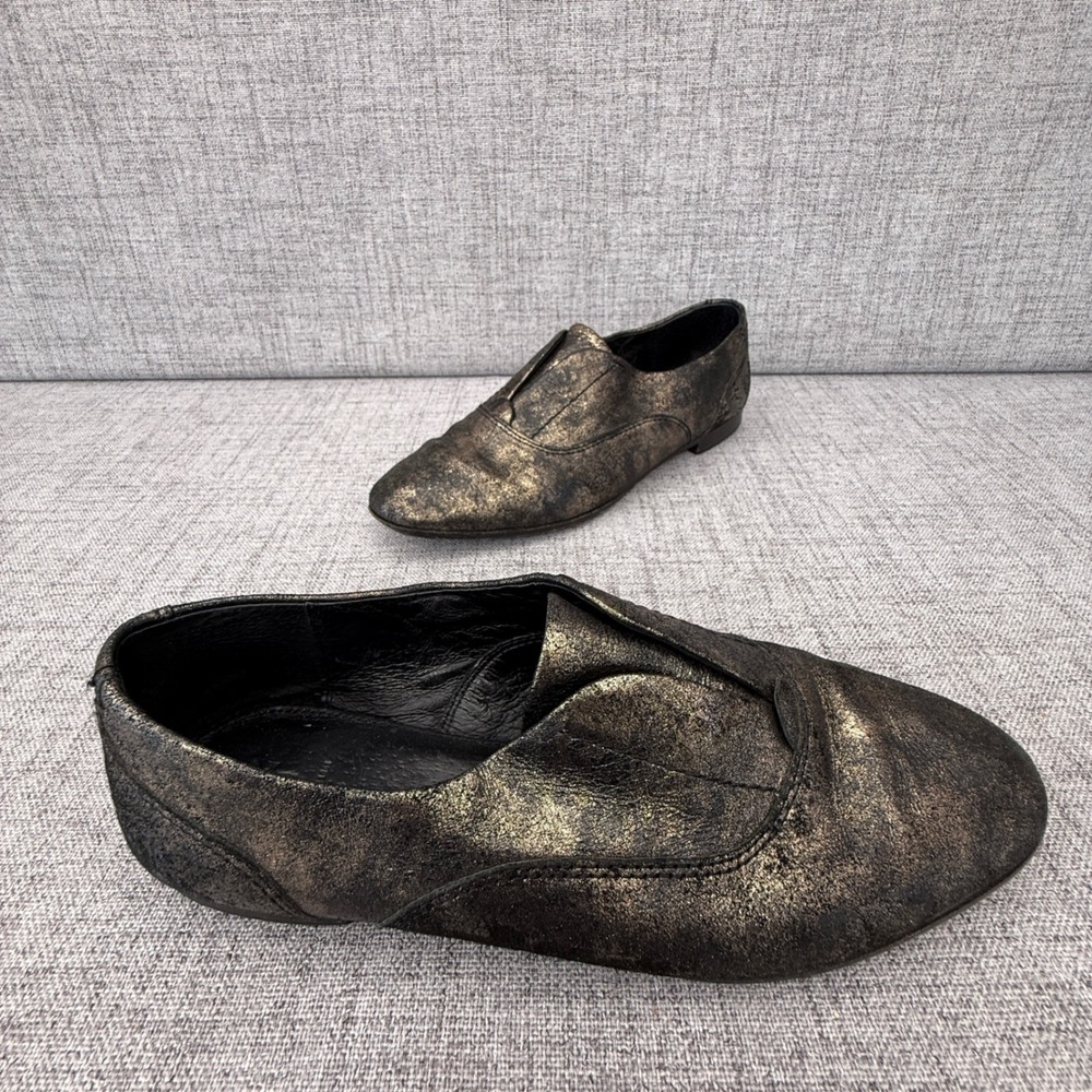 Frye Metallic Gold Black Leather Slip On Loafers Flats 7M 3476544-GLD